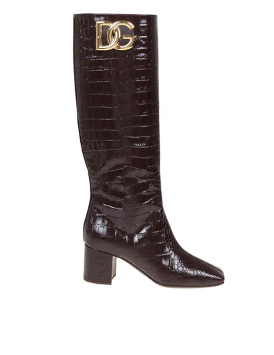 Dolce & Gabbana Dg Logo Leather Boots In Brown