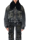 Blumarine Black Jacket With Faux Fur Collar And Logo Embroidery In Stretch Cotton Denim Woman In Dark Shadow