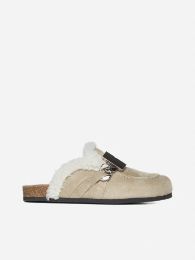 Jw Anderson Plaque Chain Suede Mules In Beige