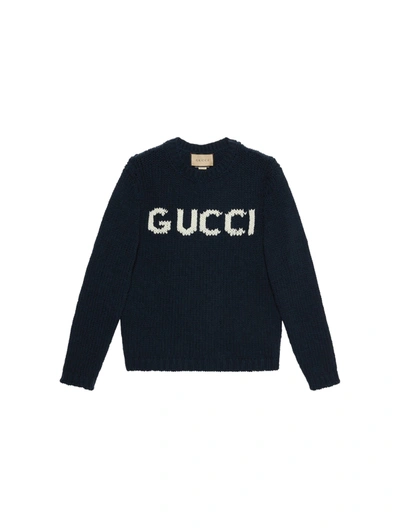 Gucci Knit Wool Jumper With  Intarsia In Blue