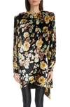 SAINT LAURENT FLORAL DRAPE DETAIL LONG SLEEVE VELVET DRESS