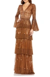 Mac Duggal Embellished Bell Sleeve Tiered Gown In Copper