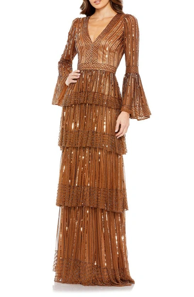 Mac Duggal Embellished Bell Sleeve Tiered Gown In Copper | ModeSens