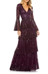 Mac Duggal Sequin Stripe Long Sleeve Tiered Ruffle Gown In Blackberry
