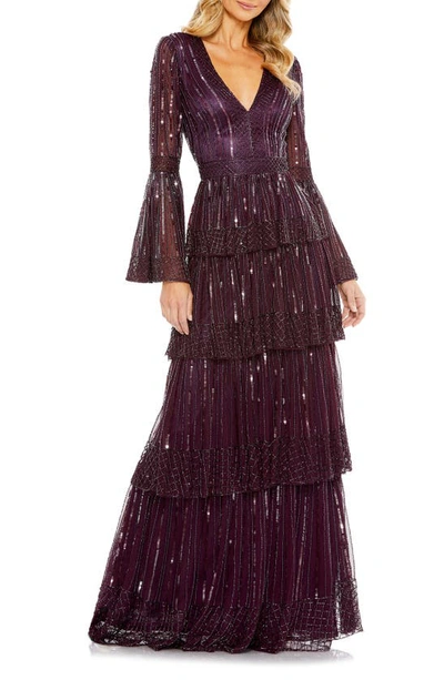 Mac Duggal Sequin Stripe Long Sleeve Tiered Ruffle Gown In Blackberry