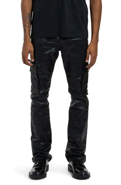 Purple Brand Patent Film Flare Cargo Pants In Black