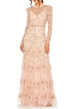 Mac Duggal High Neck Flutter Cap Long Sleeve Tiered Embellish In Blush
