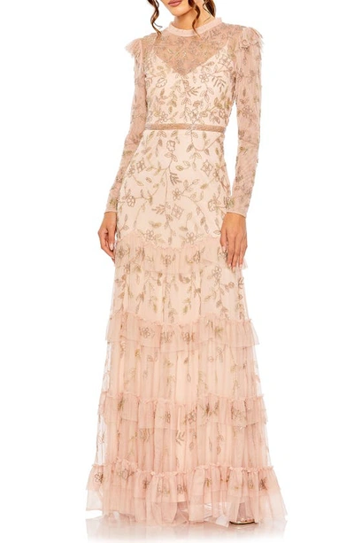 MAC DUGGAL FLORAL BEADED APPLIQUÉ LONG SLEEVE TIERED GOWN