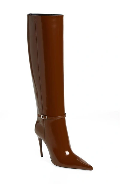 Saint Laurent Vendome Pointy Toe Patent Leather Boot In Brown