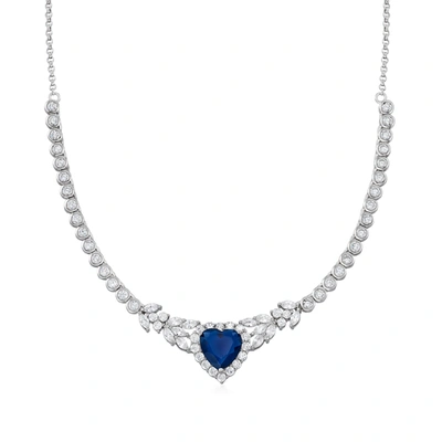 Ross-simons Simulated Sapphire And Cz Heart Necklace In Sterling Silver In Blue