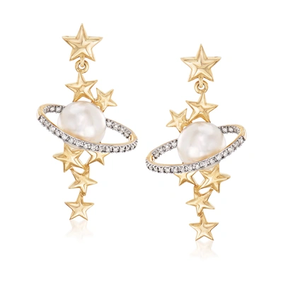 Ross-simons 7.5-8mm Cultured Pearl And . Diamond Star And Planet Drop Earrings In 14kt Yellow Gold In White