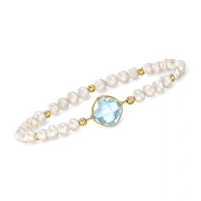 Ross-simons Sky Blue Topaz And 4-5mm Cultured Pearl Bracelet In 14kt Yellow Gold In White
