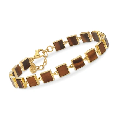 Ross-simons Tigereye Square-link Bracelet In 18kt Gold Over Sterling
