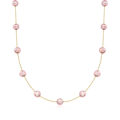 Ross-simons 6-6.5mm Pink Cultured Pearl Station Necklace In 14kt Yellow Gold