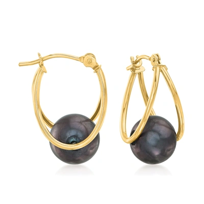 Ross-simons 8-9mm Black Cultured Pearl Double-hoop Earrings In 14kt Gold