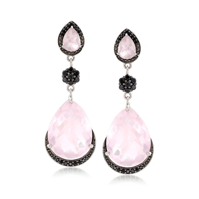 Ross-simons Rose Quartz And Black Spinel Drop Earrings In Sterling Silver In Pink