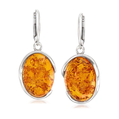 Ross-simons Oval Amber Drop Earrings In Sterling Silver In Orange