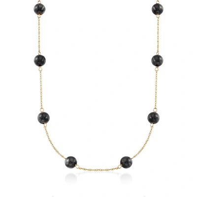 Ross-simons 8mm Black Onyx Bead Station Necklace In 14kt Yellow Gold In Silver