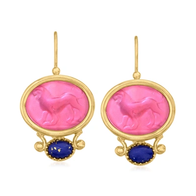 Ross-simons Italian Lapis And Pink Glass Lion Drop Earrings In 18kt Gold Over Sterling
