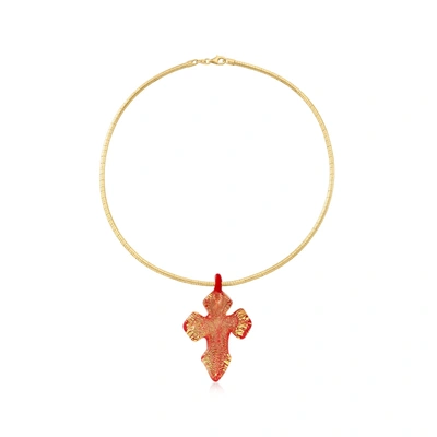 Ross-simons Italian Red Murano Glass With Gold Foil Cross Pendant Necklace In 18kt Gold Over Sterling