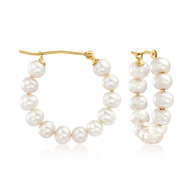 Ross-simons 4-5mm Cultured Pearl Hoop Earrings In 14kt Yellow Gold In White