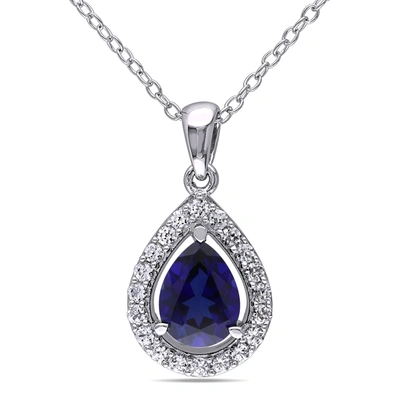 Mimi & Max 2 1/5 Ct Tgw Created Blue And Created White Sapphire Teardrop Halo Pendant With Chain In Sterling Si In Silver