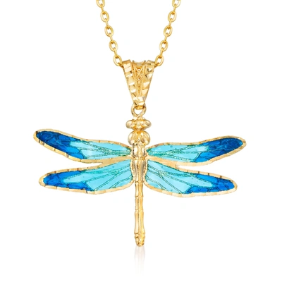 Ross-simons Italian Blue Enamel And 18kt Yellow Gold Dragonfly Pendant Necklace In Multi