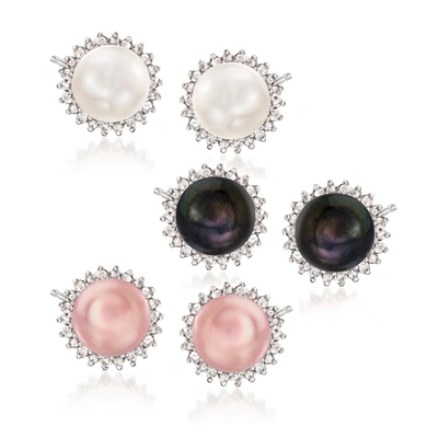 Ross-simons 7-7.5mm Multicolored Cultured Pearl And . Diamond Jewelry Set: 3 Pairs Of Earrings In Sterling Silve In Pink