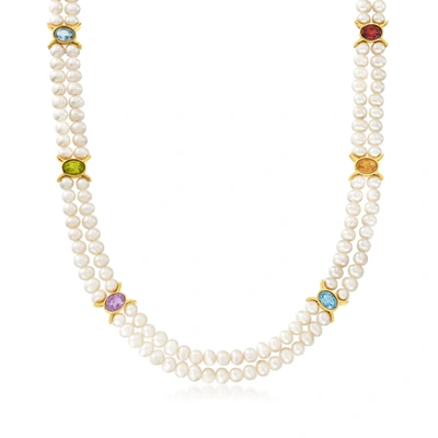 Ross-simons 4.5-5.5mm Cultured Pearl 2-strand Necklace With Multi-gemstones In 18kt Gold Over Sterling