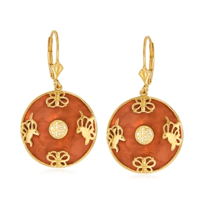 Ross-simons Red Jade "good Fortune" Butterfly Drop Earrings In 18kt Gold Over Sterling