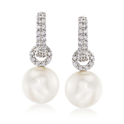 Ross-simons Cultured Pearl And Cz Hoop Drop Earrings In Sterling Silver In White