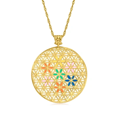Ross-simons Italian Rainbow Enamel Flower Pendant Necklace In 18kt Gold Over Sterling In Yellow