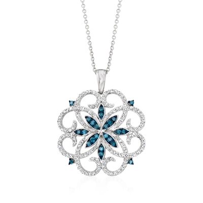Ross-simons Blue And White Diamond Scrolling Medallion Pendant Necklace In Sterling Silver