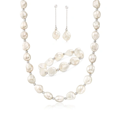 Ross-simons 11-12mm Cultured Baroque Pearl And Sterling Silver Jewelry Set: Earrings, Bracelet And Necklace In Multi