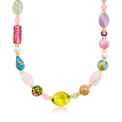 Ross-simons Italian Multicolored Murano Glass Bead, Multi-gem Bead And 7-10mm Cultured Pearl Necklace With 18kt In Pink