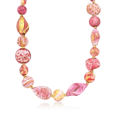 Ross-simons Italian Pink And Gold Murano Glass Bead Necklace In 18kt Gold Over Sterling