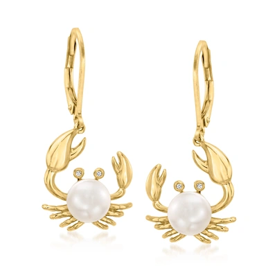 Ross-simons 7mm Cultured Pearl Crab Drop Earrings With Diamond Accents In 18kt Gold Over Sterling In White