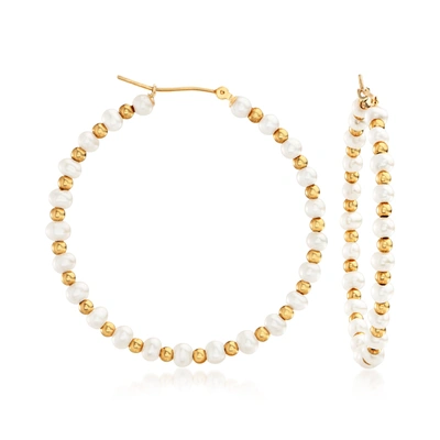 Ross-simons 3-4mm Cultured Pearl Hoop Earrings In 14kt Yellow Gold In White