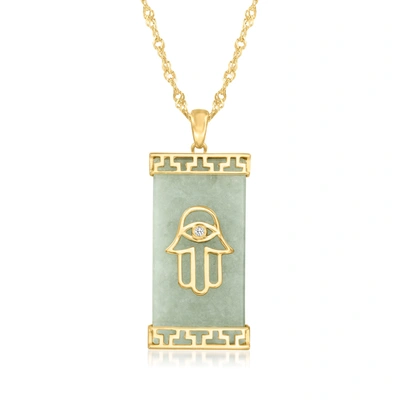 Ross-simons Jade Hamsa Hand Pendant Necklace With Diamond Accent In 18kt Gold Over Sterling In Green