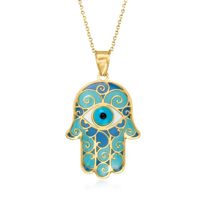 Ross-simons Blue Enamel Hamsa Hand Pendant Necklace In 14kt Yellow Gold In Multi