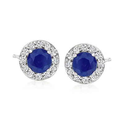 Ross-simons Sapphire And . Diamond Stud Earrings In 14kt White Gold In Silver