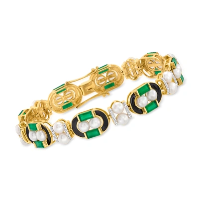 Ross-simons Green Chalcedony, 5mm Cultured Pearl And White Topaz Bracelet With Black Enamel In 18kt Gold Over St In Multi
