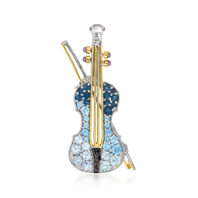 Ross-simons Multi-gemstone Violin Pin/pendant In Sterling Silver And 18kt Gold Over Sterling In Blue