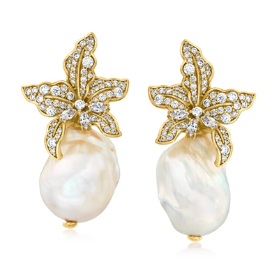 Ross-simons Italian 13-18mm Baroque Pearl And Cz Flower Earrings In 18kt Gold Over Sterling In White