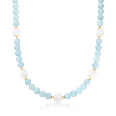 Ross-simons Aquamarine Bead And 11-12mm Cultured Baroque Pearl Necklace With 14kt Yellow Gold In Silver