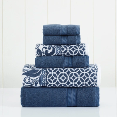 Modern Threads 6 Piece Reversible Yarn Dyed Jacquard Towel Set Trefoil Filigree In Blue