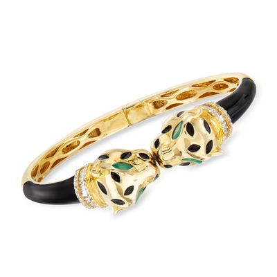 Ross-simons White Zircon And . Green Chrome Diopside Panther Bangle Bracelet In 18kt Gold Over Sterling With Bla