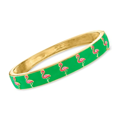 Ross-simons Green And Pink Enamel Flamingo Bangle Bracelet In 18kt Gold Over Sterling