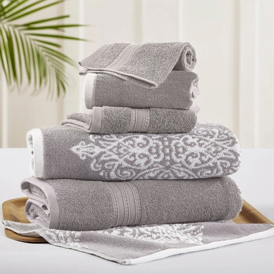 Modern Threads 6 Piece Reversible Yarn Dyed Jacquard Towel Set Artesia Damask In Silver