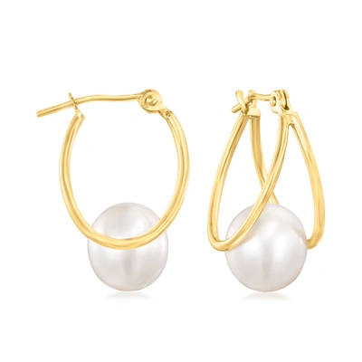 Ross-simons 8-9mm Cultured Pearl Double-hoop Earrings In 14kt Yellow Gold In White